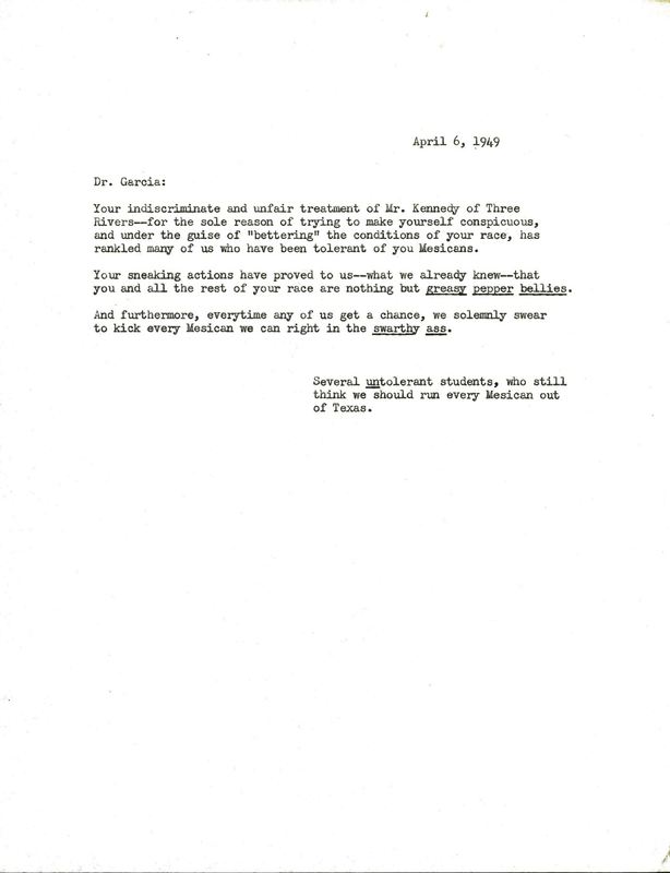 Photograph of a hate letter sent to Dr. Garcia. 