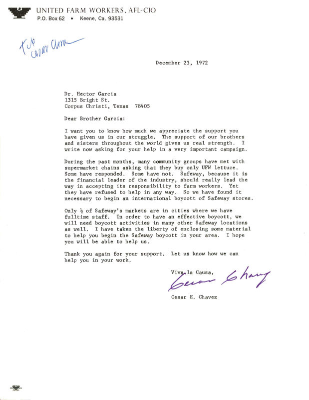 Letter from Cesar E. Chavez to Dr. Garcia thanking Garcia's support of nationwide protest on the behalf of farm workers. 