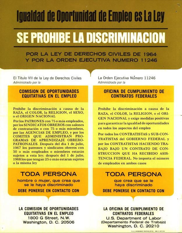 EEOC flyer informing Spanish speakers of their rights under the Civil Rights Act and Executive Order 11246. 