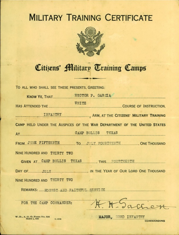 Dr. Garcia's military training certificate. 