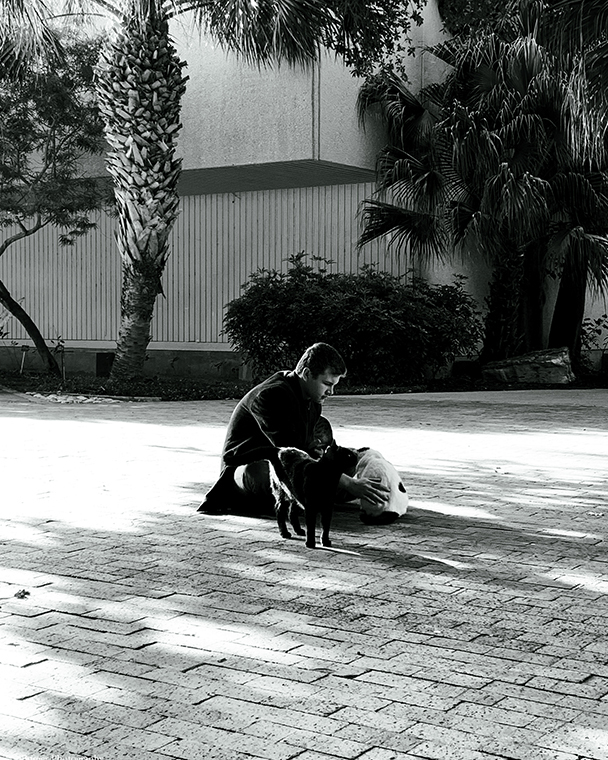 A black and white photograph of a young man crouched on a walkway, playing with cats