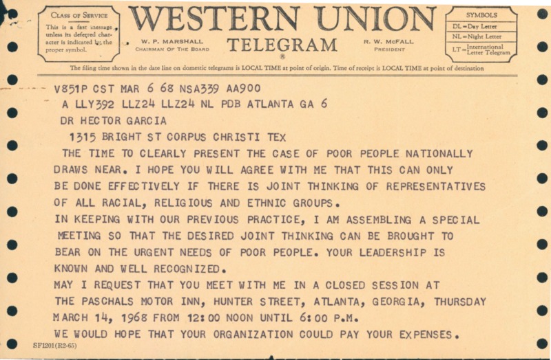 Telegram from Dr. Martin Luther King, Jr. to Dr. Garcia inviting Dr. Garcia to a meeting in order to discuss the needs of the nation's poor. 
