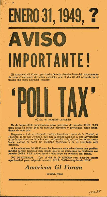 An AGIF flyer alerting Mexican Americans of the 1949 Texas poll tax deadline. 