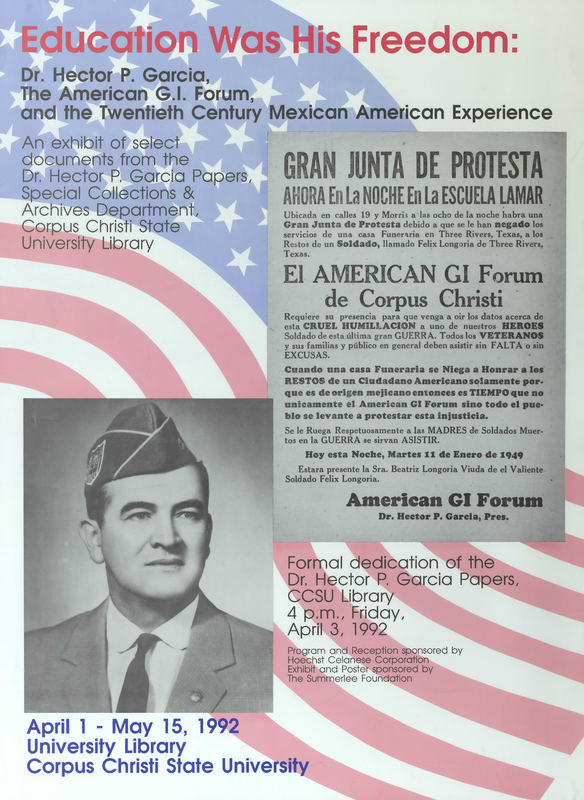 Poster advertising an exhibit of Dr. Garcia's papers at the Texas A&M-Corpus Christi Bell Library. 
