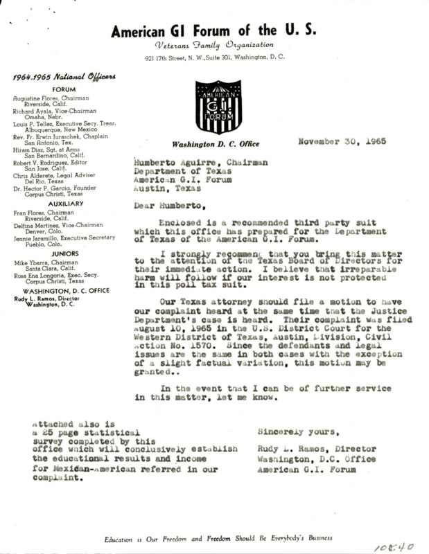 A letter from Rudy L Ramos, AGIF, Washington D.C. Office to Humberto Aguirre, AGIF, Department of Texas.