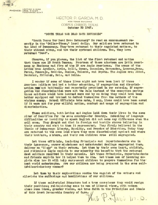 Photograph of a document where Dr. Garcia speaks about the importance of education. 