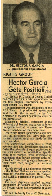 Newspaper article announcing Dr. Garcia's appointment to the USCCR. 