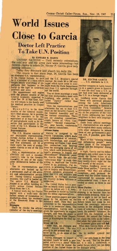 Article about how Dr. Garcia's time at the United Nations gave him insights into global issues like colonialism and the nuclear arms race.
