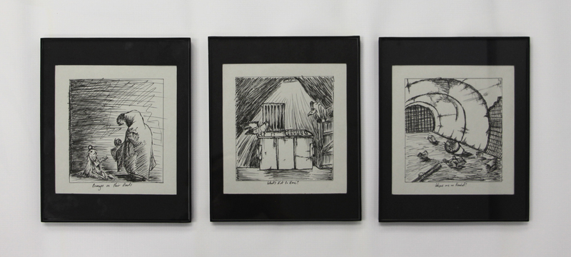 Three pen and ink sketches frame in black frames