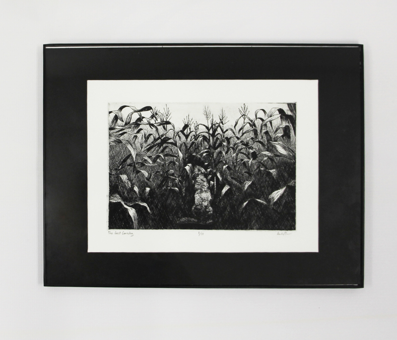 Black and white illustration of a dog in a corn field