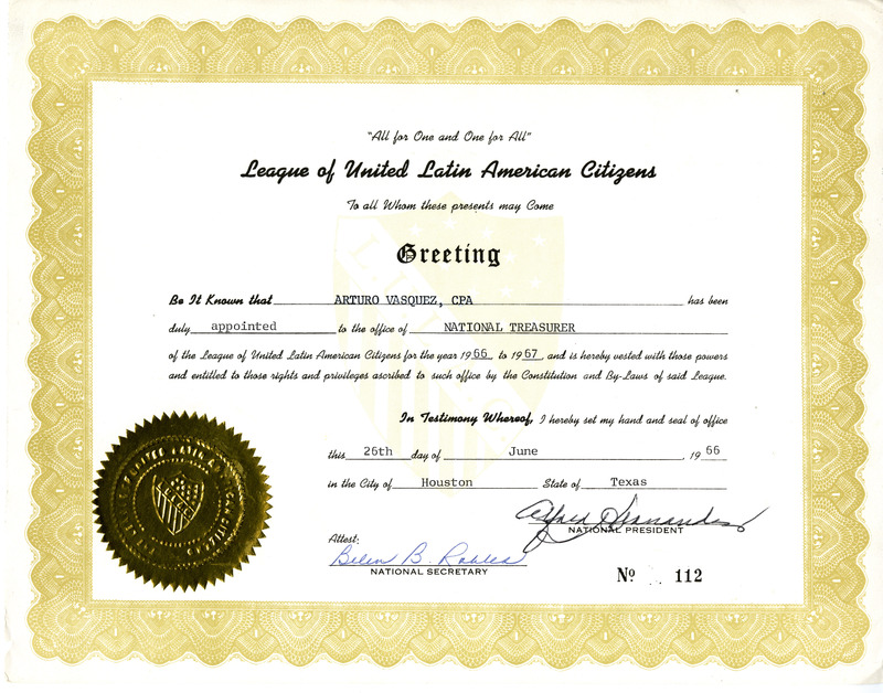 A certificate from the League of United Latin American Citizens, appointing Arturo Vasquez as the National Treasurer of LULAC for 1966-1967.