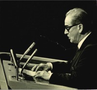 Photograph of Dr. Garcia addressing the UN General Assembly discussing the Treaty for the Prohibition for Nuclear Weapons in Latin America.