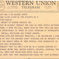 Telegram from Dr. Martin Luther King, Jr. to Dr. Garcia inviting Dr. Garcia to a meeting in order to discuss the needs of the nation's poor. 